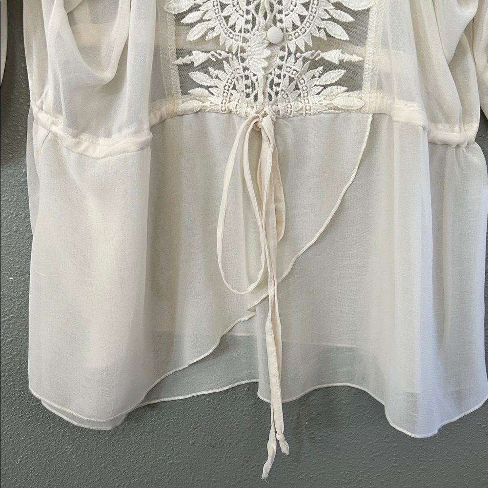 Sheer Embroidered V-Neck Tie-Waist Top - Ivory - Picture 5 of 10